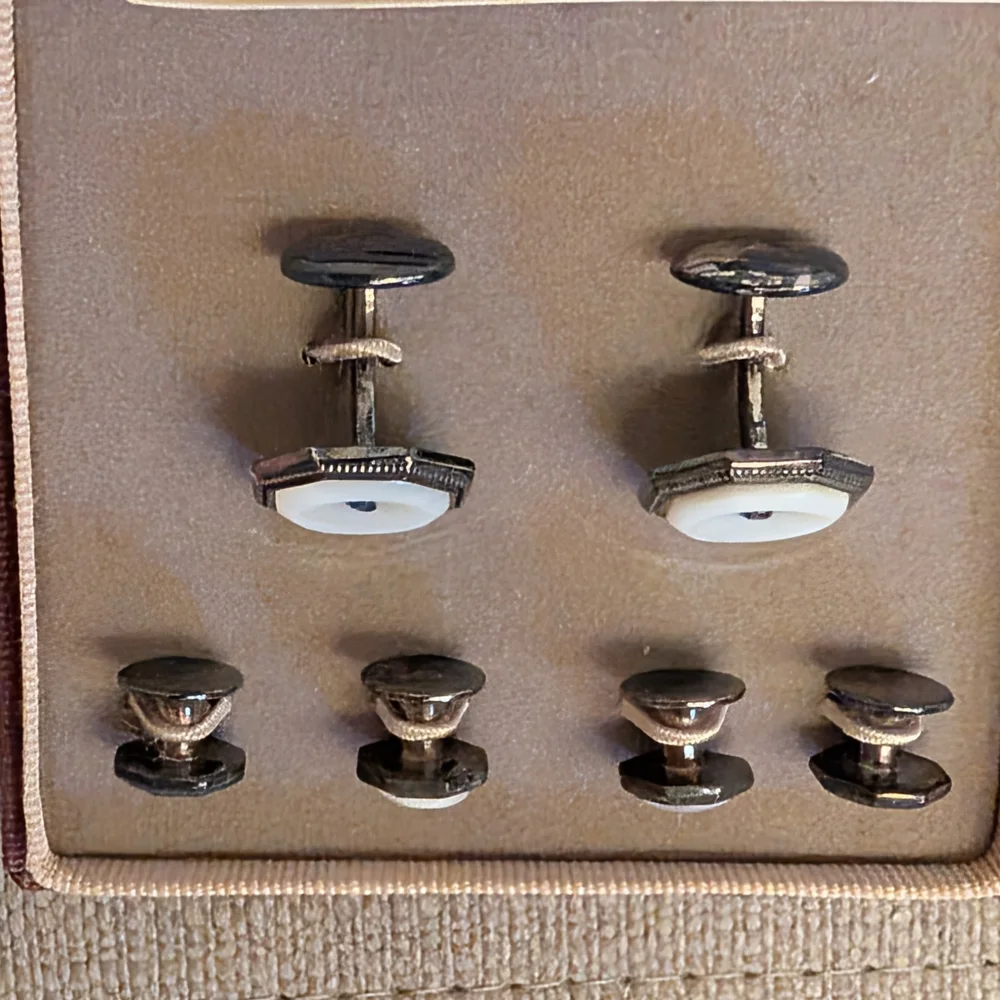 Cole Haan Retro Silver & White Cufflinks Set